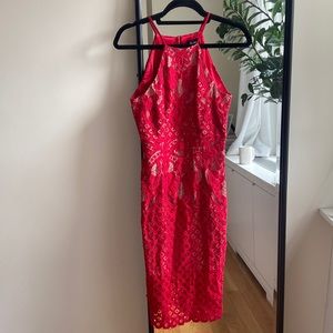 Bardot red lace midi dress